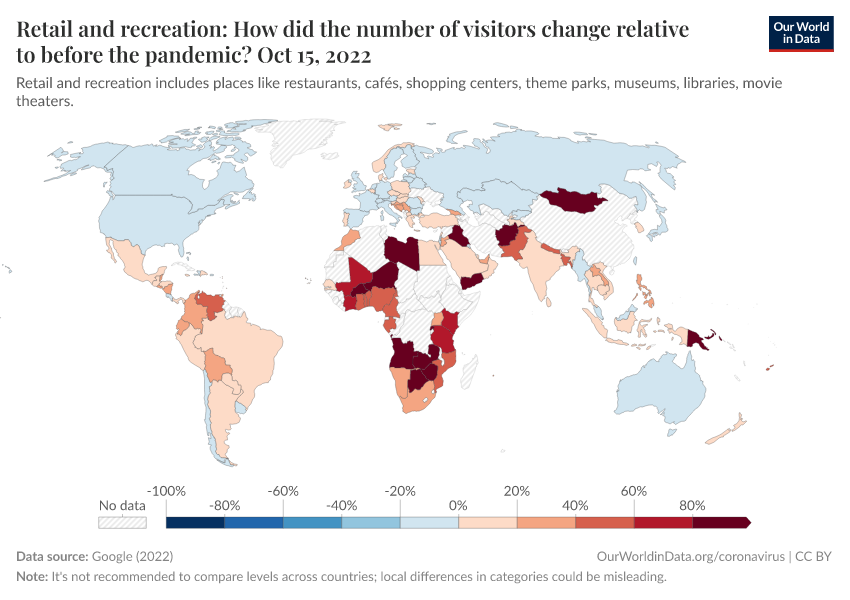 A thumbnail of the "Retail and recreation: How did the number of visitors change relative to before the pandemic?" chart